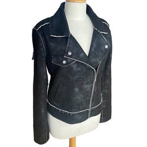 Splendid Faux Suede Moto Jacket Black Distressed Grunge Baddie Edgy Biker Y2K-M